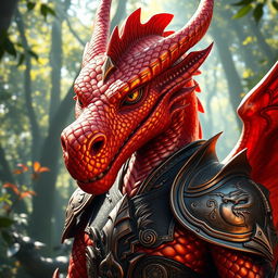 A majestic dragonborn character featuring shimmering light red and orange metallic skin, showcasing intricate scales that catch the light beautifully