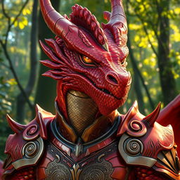 A majestic dragonborn character featuring shimmering light red and orange metallic skin, showcasing intricate scales that catch the light beautifully