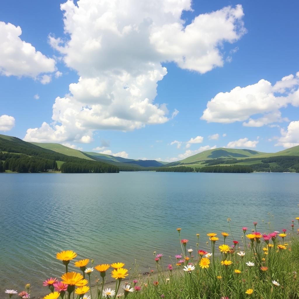 A serene landscape featuring a tranquil lake surrounded by lush greenery and rolling hills under a bright blue sky dotted with fluffy white clouds