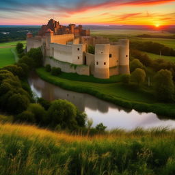 Generate a beautiful image of a medieval castle during sunset, surrounded by lush green fields, with a river flowing gracefully nearby.