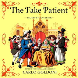 A vibrant and eye-catching promotional poster for the play 'The Fake Patient' by Carlo Goldoni