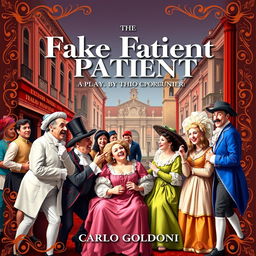 A vibrant and eye-catching promotional poster for the play 'The Fake Patient' by Carlo Goldoni
