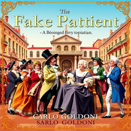 A vibrant and eye-catching promotional poster for the play 'The Fake Patient' by Carlo Goldoni