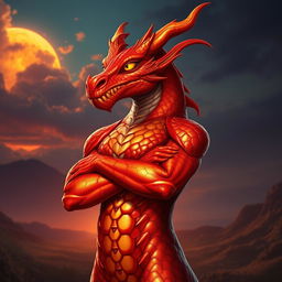 A dragonborn character with striking hot red and orange metallic skin, showcasing intricate scales that shimmer in the light