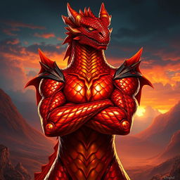 A dragonborn character with striking hot red and orange metallic skin, showcasing intricate scales that shimmer in the light