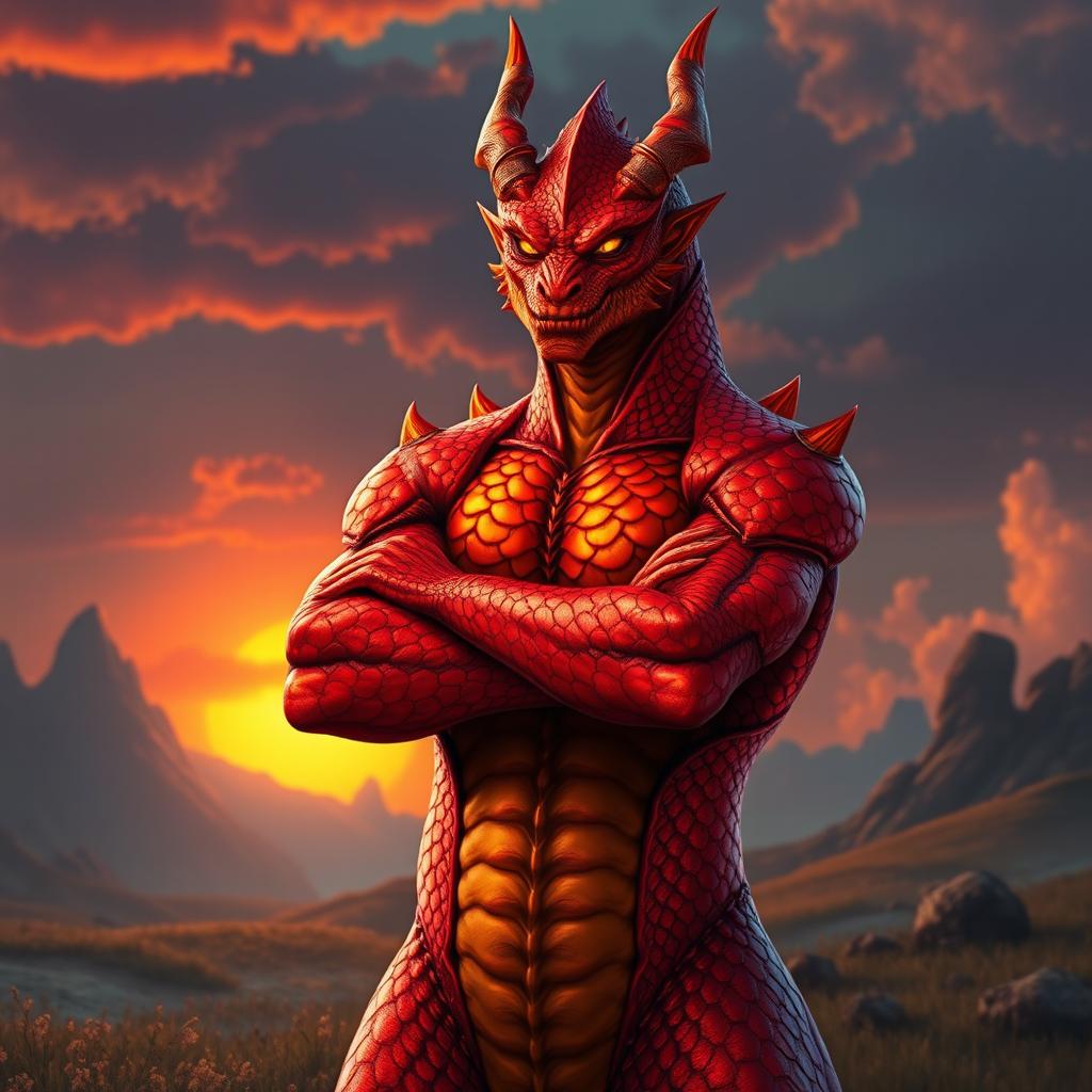 A dragonborn character with striking hot red and orange metallic skin, showcasing intricate scales that shimmer in the light