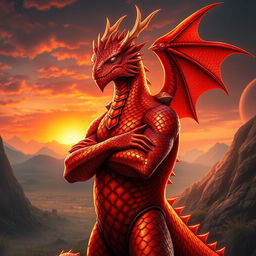 A dragonborn character with striking hot red and orange metallic skin, showcasing intricate scales that shimmer in the light