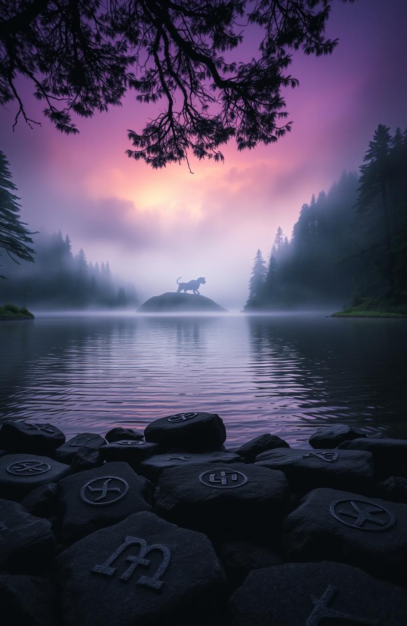 A mystical lake surrounded by dense, fog-filled forests, with enchanting shimmering waters reflecting the colors of twilight, a serene atmosphere that evokes a sense of mystery