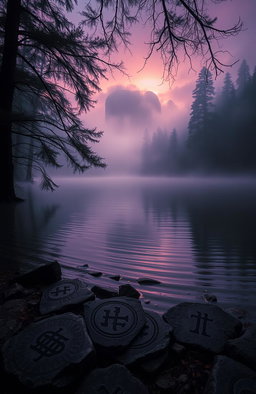 A mystical lake surrounded by dense, fog-filled forests, with enchanting shimmering waters reflecting the colors of twilight, a serene atmosphere that evokes a sense of mystery