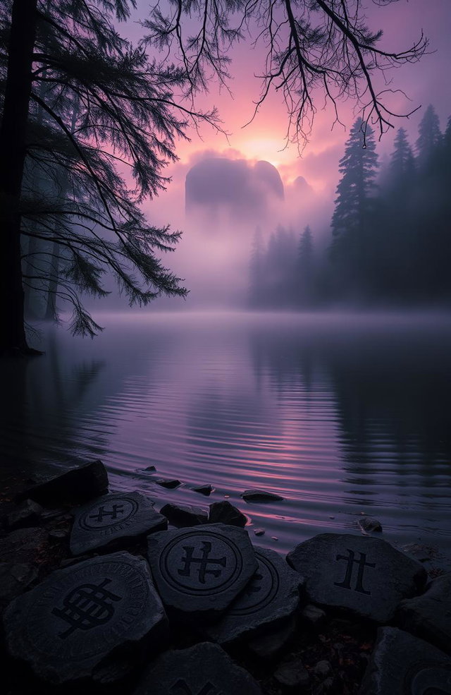 A mystical lake surrounded by dense, fog-filled forests, with enchanting shimmering waters reflecting the colors of twilight, a serene atmosphere that evokes a sense of mystery