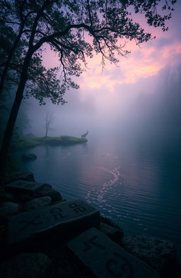 A mystical lake surrounded by dense, fog-filled forests, with enchanting shimmering waters reflecting the colors of twilight, a serene atmosphere that evokes a sense of mystery