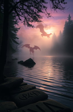 A mystical lake surrounded by dense, fog-filled forests, with enchanting shimmering waters reflecting the colors of twilight, a serene atmosphere that evokes a sense of mystery