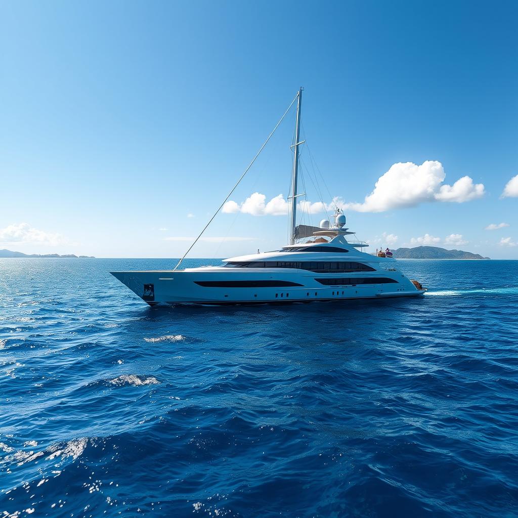 A large, majestic yacht sailing peacefully on a clear blue ocean