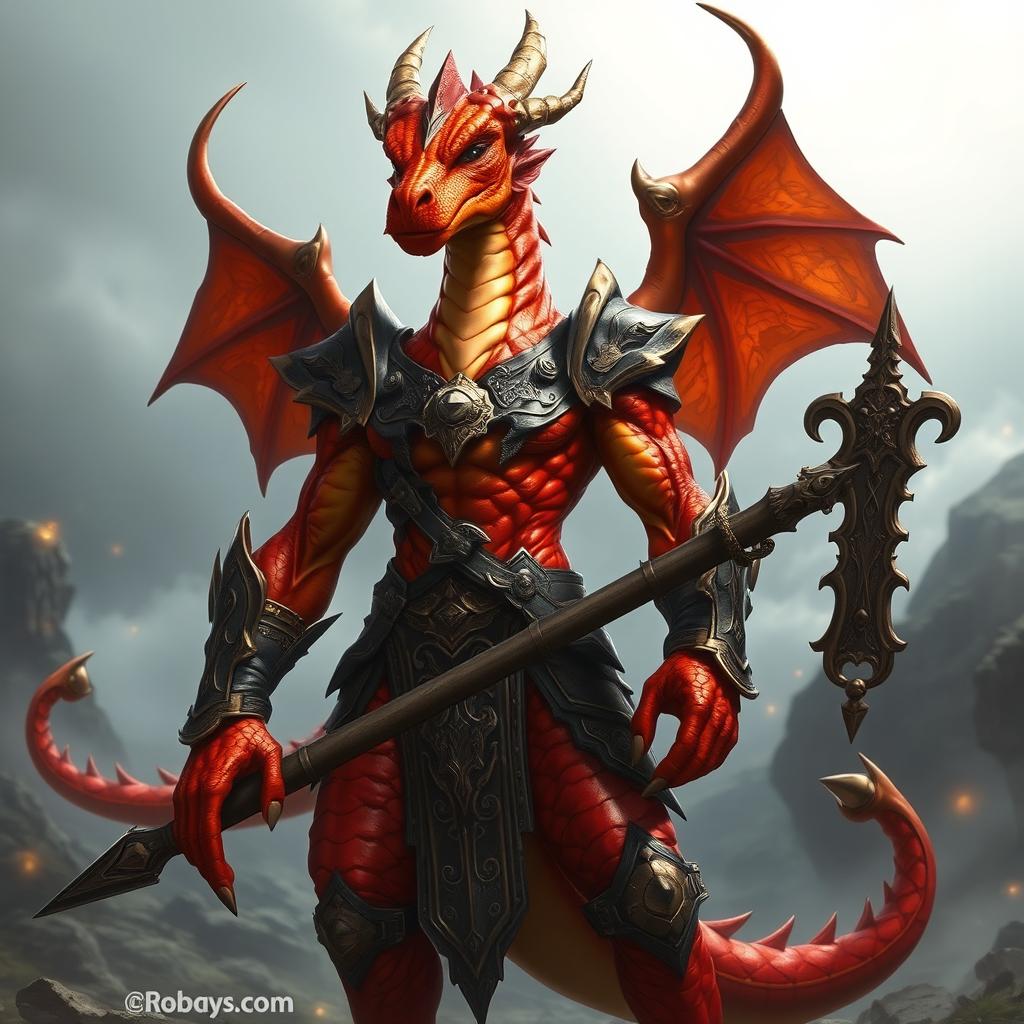 A powerful dragonborn warrior standing confidently, showcasing their stunning hot red and orange metallic skin that gleams under bright light