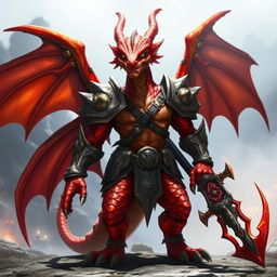 A powerful dragonborn warrior standing confidently, showcasing their stunning hot red and orange metallic skin that gleams under bright light