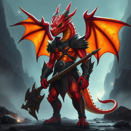 A powerful dragonborn warrior standing confidently, showcasing their stunning hot red and orange metallic skin that gleams under bright light