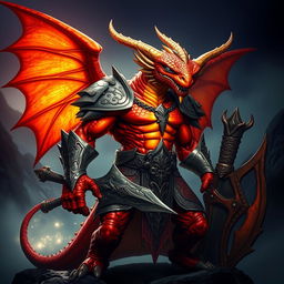 A powerful dragonborn warrior standing confidently, showcasing their stunning hot red and orange metallic skin that gleams under bright light