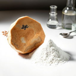 A stunning and informative image featuring both a Lye stone and Lye powder