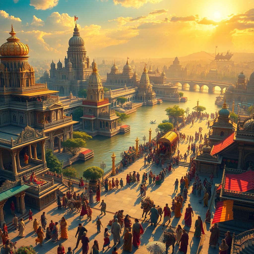 A vibrant and majestic portrayal of Indraprastha, the legendary city from ancient Indian epic Mahabharata
