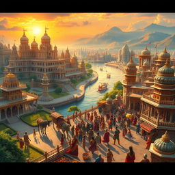 A vibrant and majestic portrayal of Indraprastha, the legendary city from ancient Indian epic Mahabharata