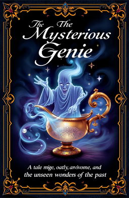 A mysterious and enchanting book cover featuring a ghostly genie emerging from an ancient, ornate lamp