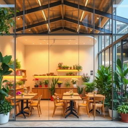 A minimal and cozy confectionary cafe and flower shop featuring glass walls and a glass ceiling, illuminated by warm linear lighting