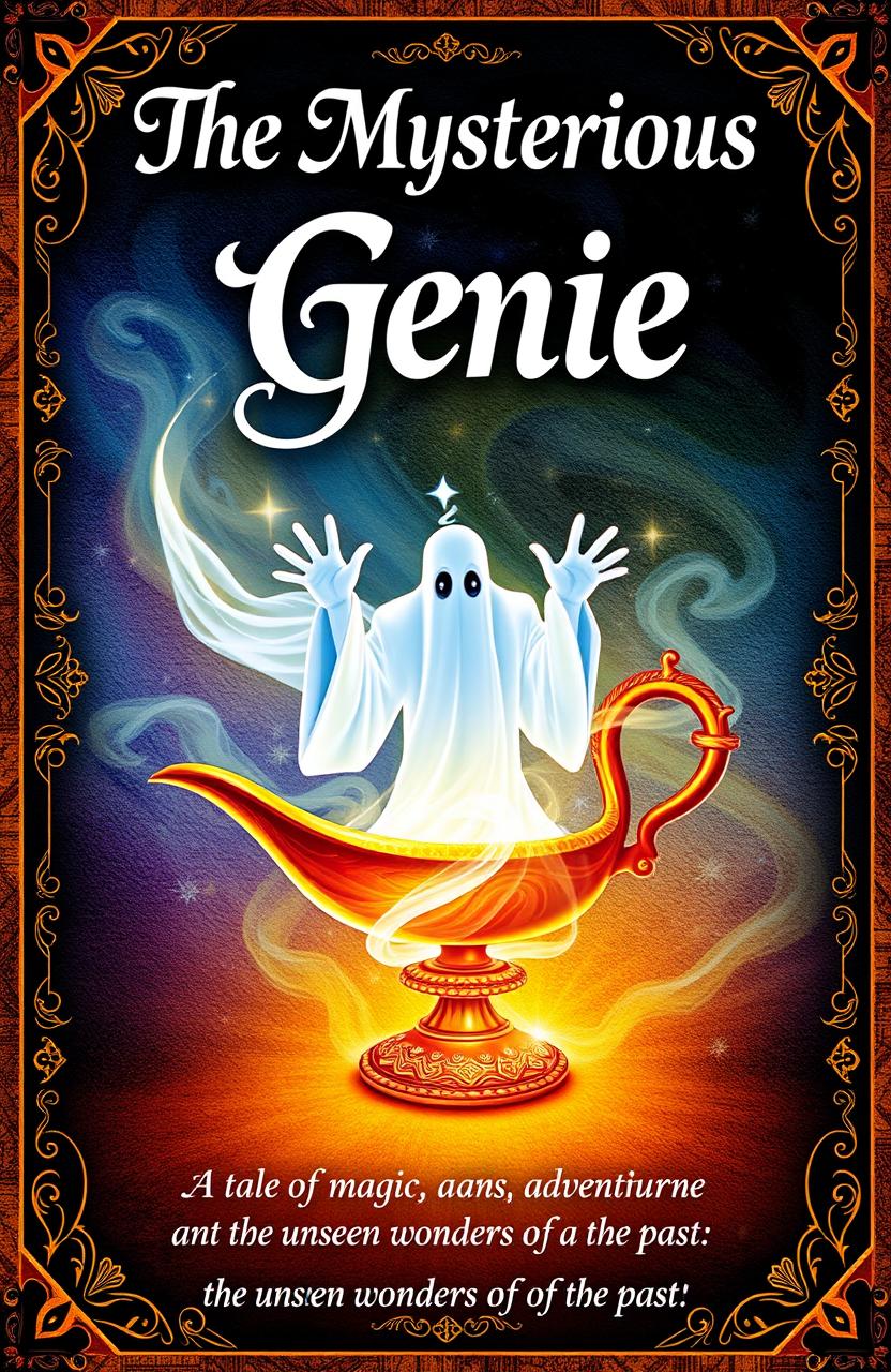 A mysterious and enchanting book cover featuring a ghostly genie emerging from an ancient, ornate lamp