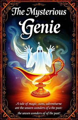 A mysterious and enchanting book cover featuring a ghostly genie emerging from an ancient, ornate lamp