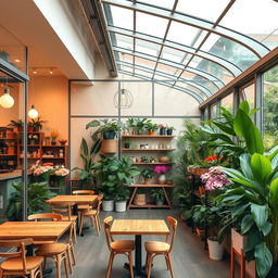 A minimal and cozy confectionary cafe and flower shop featuring glass walls and a glass ceiling, illuminated by warm linear lighting