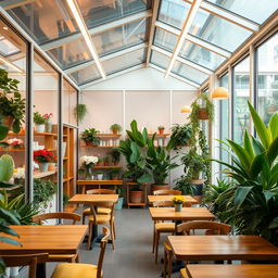 A minimal and cozy confectionary cafe and flower shop featuring glass walls and a glass ceiling, illuminated by warm linear lighting