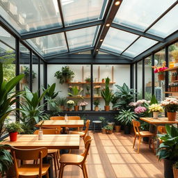 A minimal and cozy confectionary cafe and flower shop featuring glass walls and a glass ceiling, illuminated by warm linear lighting