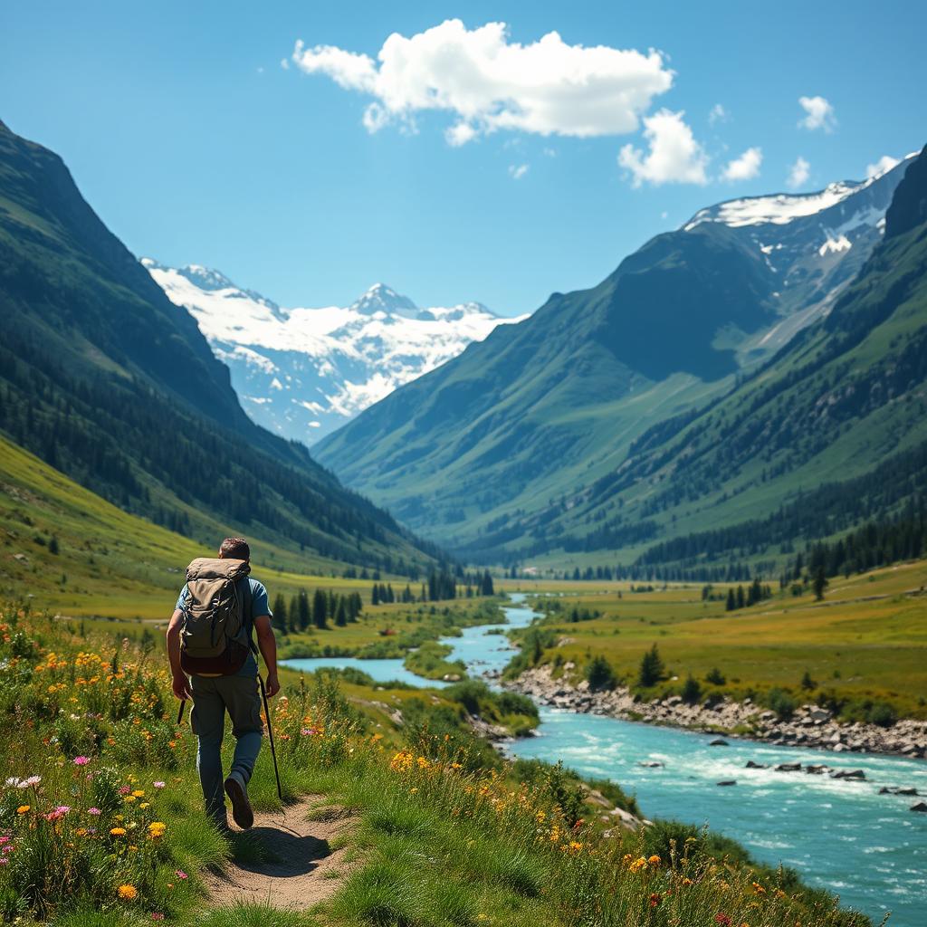 A majestic and serene landscape depicting a lush green valley surrounded by tall, snow-capped mountains under a clear blue sky, with a tranquil river flowing through the valley