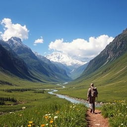 A majestic and serene landscape depicting a lush green valley surrounded by tall, snow-capped mountains under a clear blue sky, with a tranquil river flowing through the valley