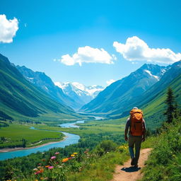 A majestic and serene landscape depicting a lush green valley surrounded by tall, snow-capped mountains under a clear blue sky, with a tranquil river flowing through the valley