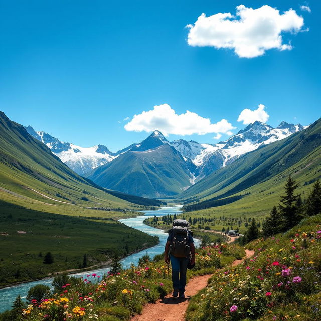 A majestic and serene landscape depicting a lush green valley surrounded by tall, snow-capped mountains under a clear blue sky, with a tranquil river flowing through the valley