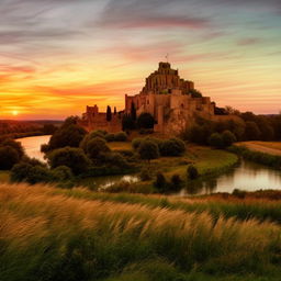 Generate a beautiful image of a medieval castle during sunset, surrounded by lush green fields, with a river flowing gracefully nearby.