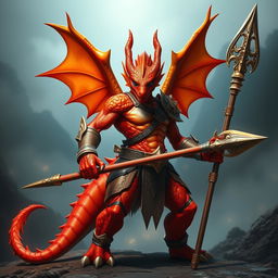 A powerful dragonborn warrior standing confidently, showcasing their stunning hot red and orange metallic skin that gleams under bright light