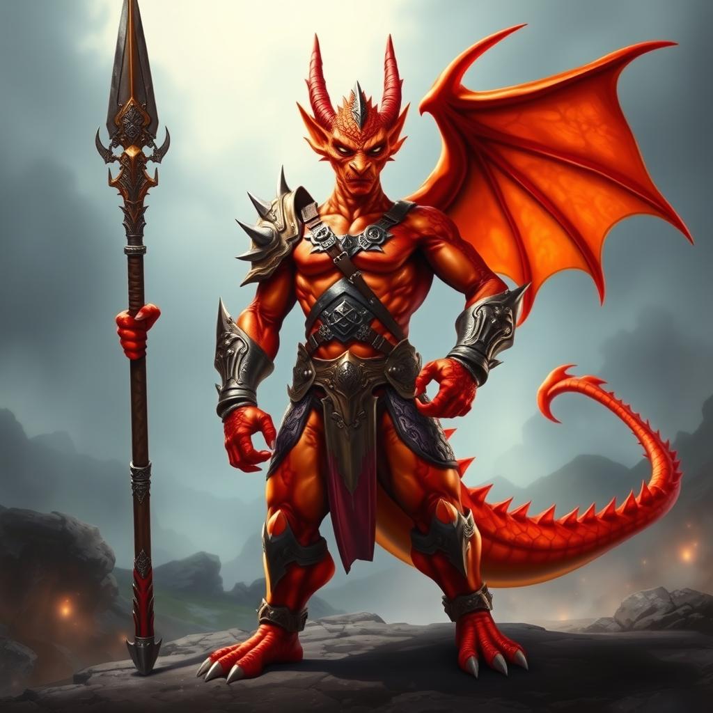 A powerful dragonborn warrior standing confidently, showcasing their stunning hot red and orange metallic skin that gleams under bright light