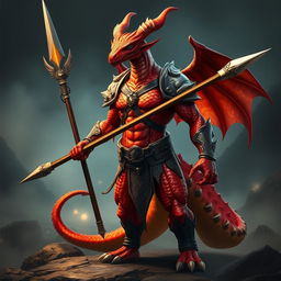 A powerful dragonborn warrior standing confidently, showcasing their stunning hot red and orange metallic skin that gleams under bright light