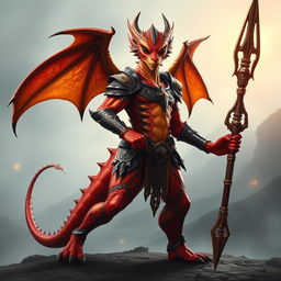 A powerful dragonborn warrior standing confidently, showcasing their stunning hot red and orange metallic skin that gleams under bright light