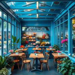 A minimal and cozy blue confectionary cafe and flower shop, featuring glass walls and a ceiling that allows natural light to pour in