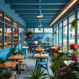 A minimal and cozy blue confectionary cafe and flower shop, featuring glass walls and a ceiling that allows natural light to pour in