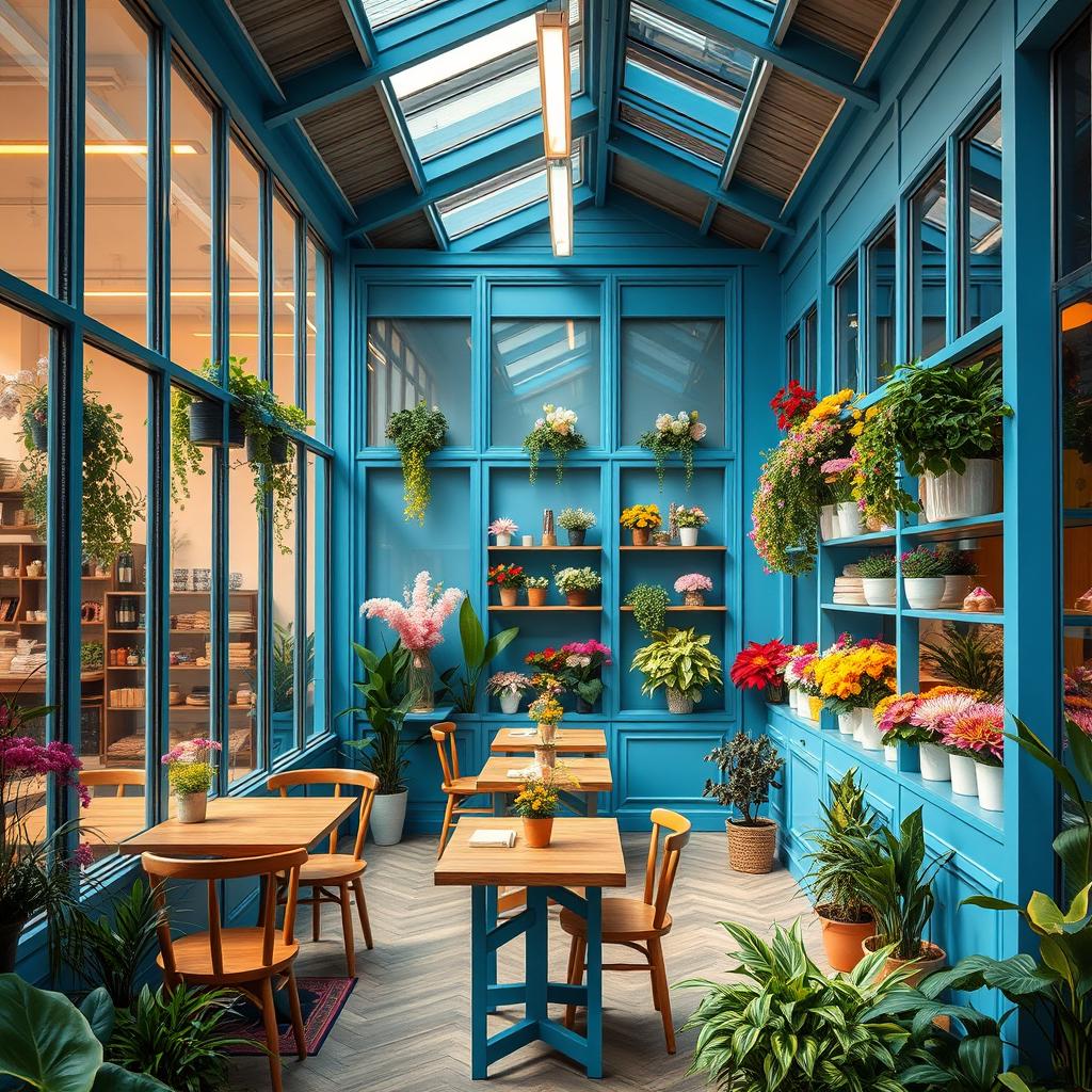 A minimal and cozy blue confectionary cafe and flower shop, featuring glass walls and a ceiling that allows natural light to pour in