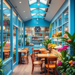 A minimal and cozy blue confectionary cafe and flower shop, featuring glass walls and a ceiling that allows natural light to pour in