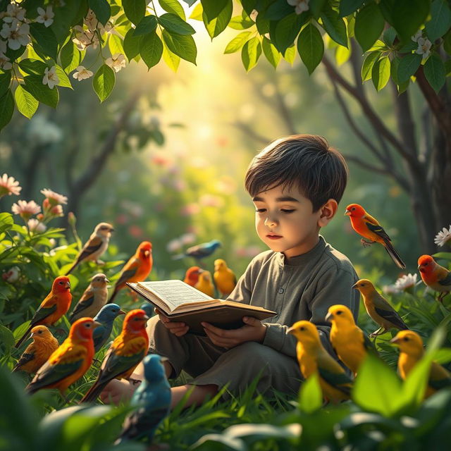 A serene scene depicting a young boy sitting in a lush, green garden surrounded by various colorful birds