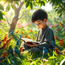 A serene scene depicting a young boy sitting in a lush, green garden surrounded by various colorful birds