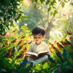 A serene scene depicting a young boy sitting in a lush, green garden surrounded by various colorful birds