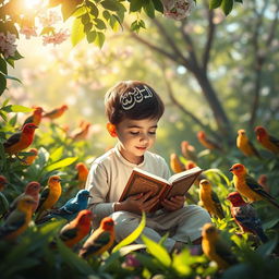 A serene scene depicting a young boy sitting in a lush, green garden surrounded by various colorful birds