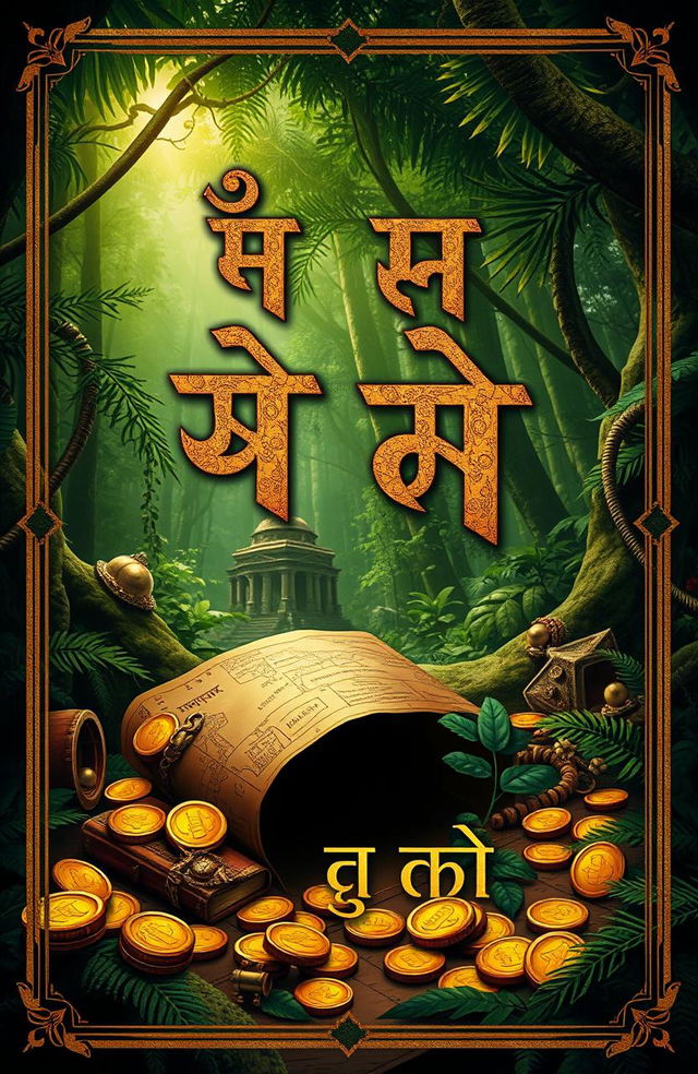 An intriguing book cover design for the title 'गुप्त खज़ाना: एक भूली हुई दास्तां' featuring an ancient treasure map, scattered gold coins, and mystical artifacts