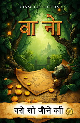 An intriguing book cover design for the title 'गुप्त खज़ाना: एक भूली हुई दास्तां' featuring an ancient treasure map, scattered gold coins, and mystical artifacts